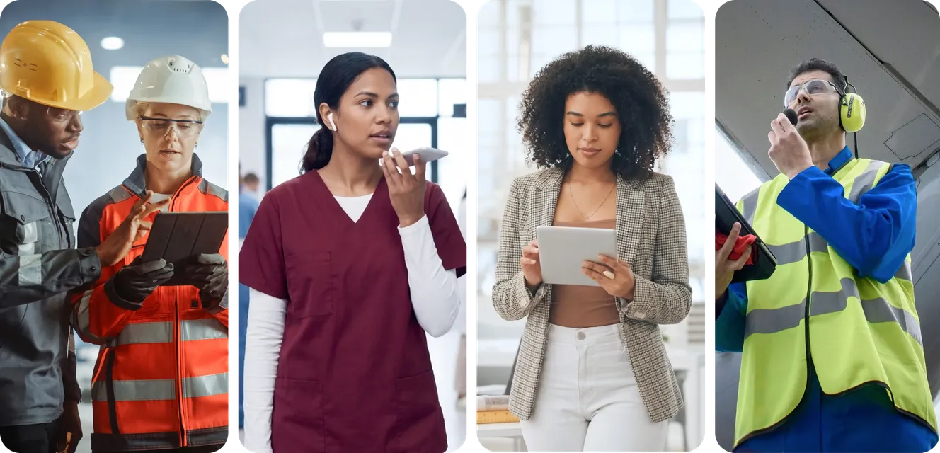 A four-panel collage of frontline and deskless workers using mobile devices on the job: two construction workers in hard hats and high-visibility vests reviewing a tablet together; a healthcare worker in scrubs speaking into a smartphone using voice input; a professional woman in a blazer reading from a tablet; and a field worker in a high-vis vest and ear protection using a walkie-talkie.