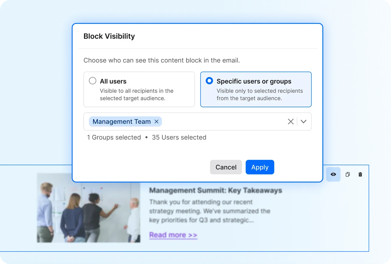 Staffbase Block Visibility settings restricting a Management Summit email block to a Management Team group of 35 users.