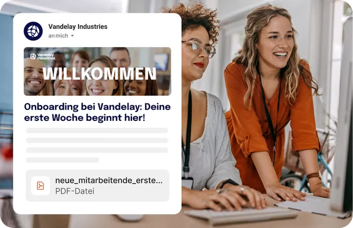 Mobile Benachrichtigung von Vandelay Industries zum Onboarding mit Willkommenstext und angehängter PDF-Datei Title: Staffbase Onboarding-Benachrichtigung mit PDF-Anhang