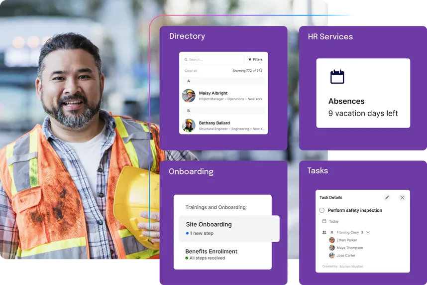 Smiling construction worker holding a yellow helmet, with digital interface showing directory, HR services, onboarding, and task details.