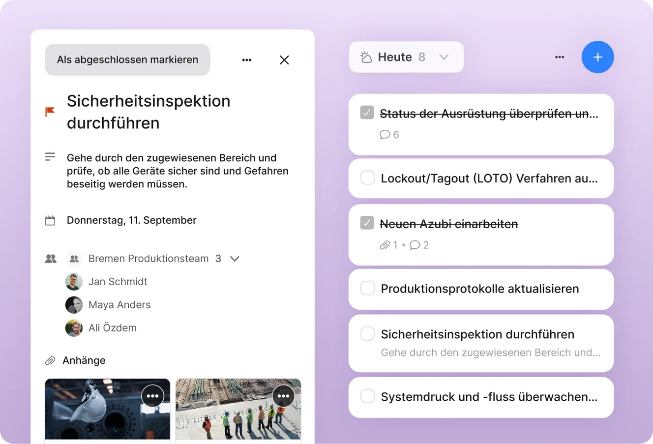 Eine geteilte Ansicht, die links die Details einer Sicherheitsinspektion inklusive Foto-Anhängen (Helm, Baustelle) zeigt und rechts eine Aufgabenliste für „Heute“. Die Liste enthält Punkte wie „Status der Ausrüstung überprüfen“ und „Neuen Azubi einarbeiten“.