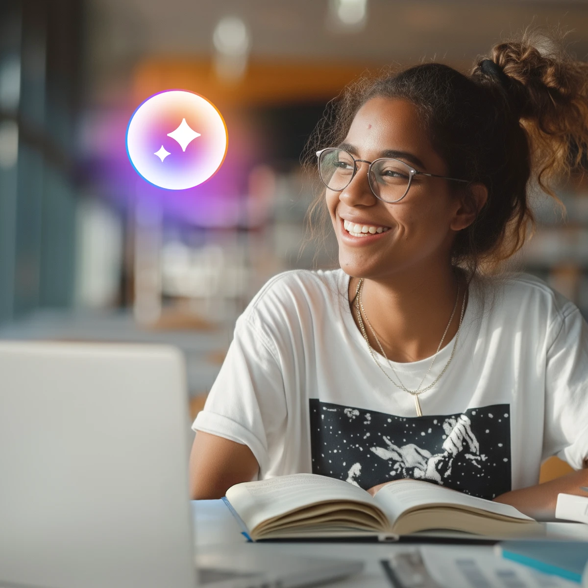 A smiling woman with glasses studies at a desk, surrounded by books and a laptop, with a colorful, glowing orb floating nearby.