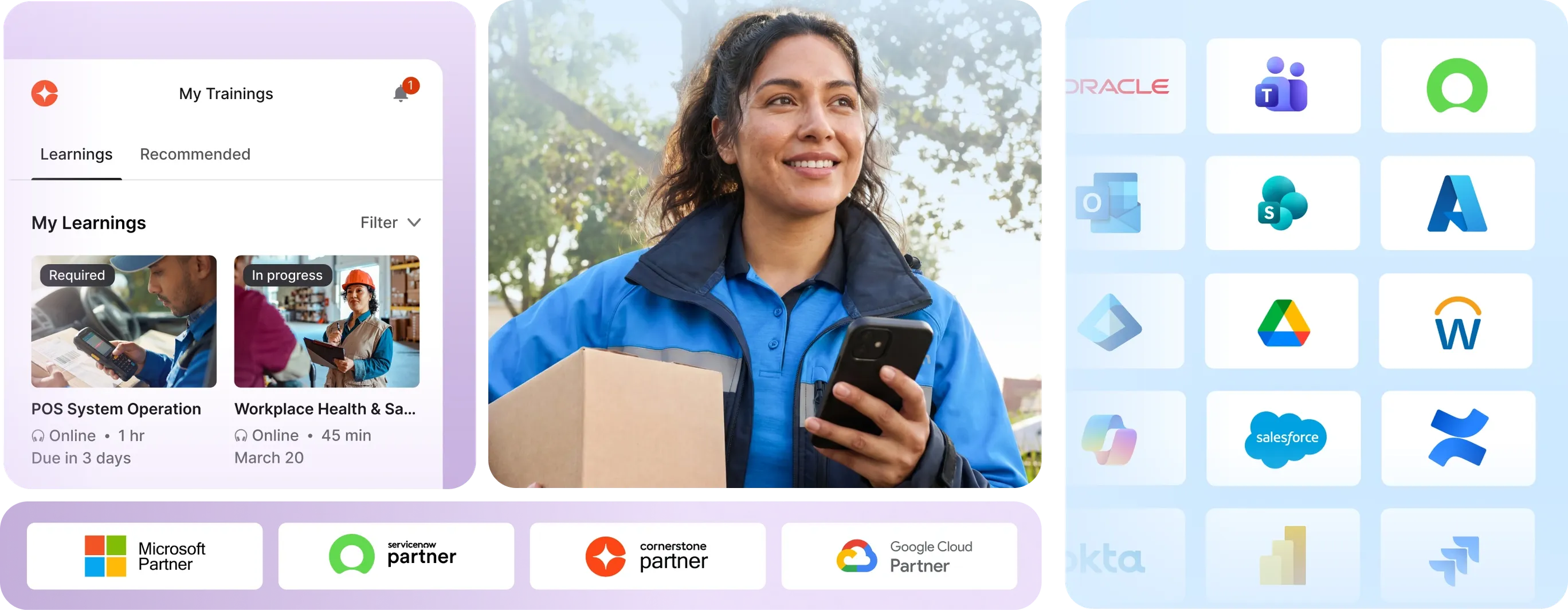 Person holding a package, a learning dashboard, and various app icons, including Microsoft and Salesforce, are shown side by side.