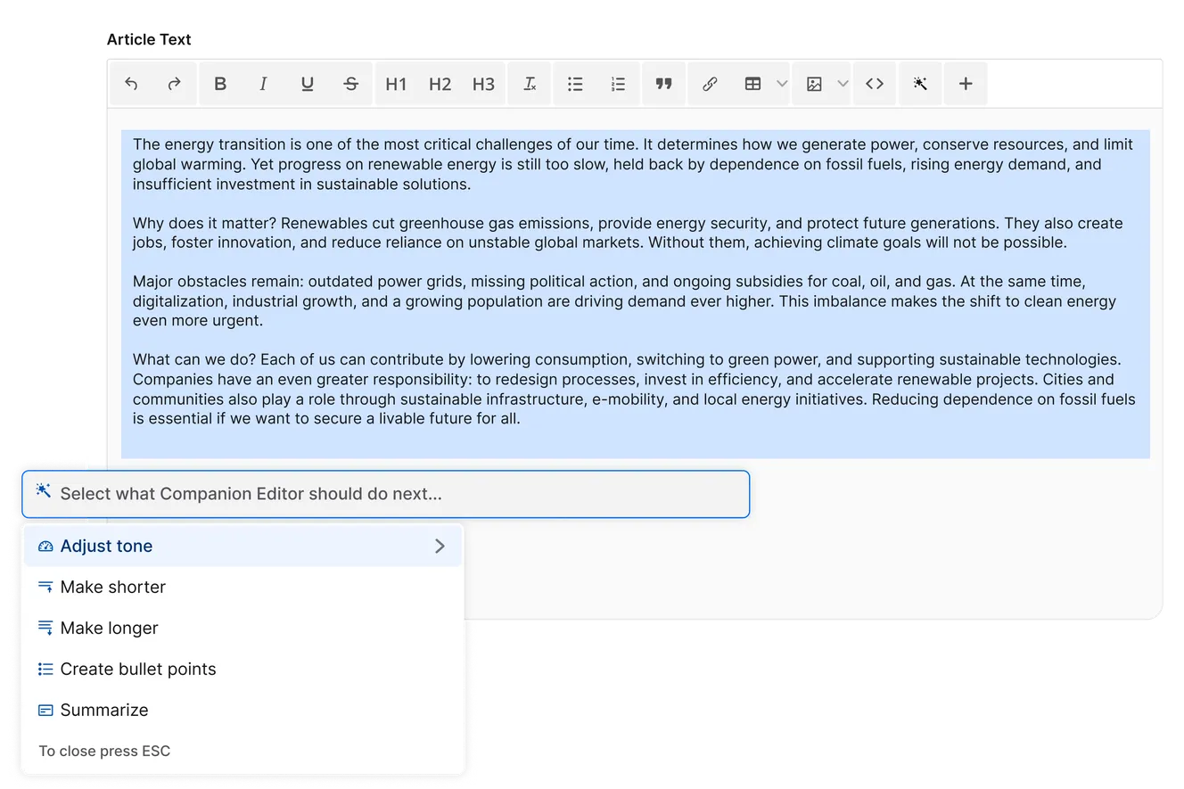 A text editor interface displaying an article draft about the energy transition, with options for editing and adjusting text.