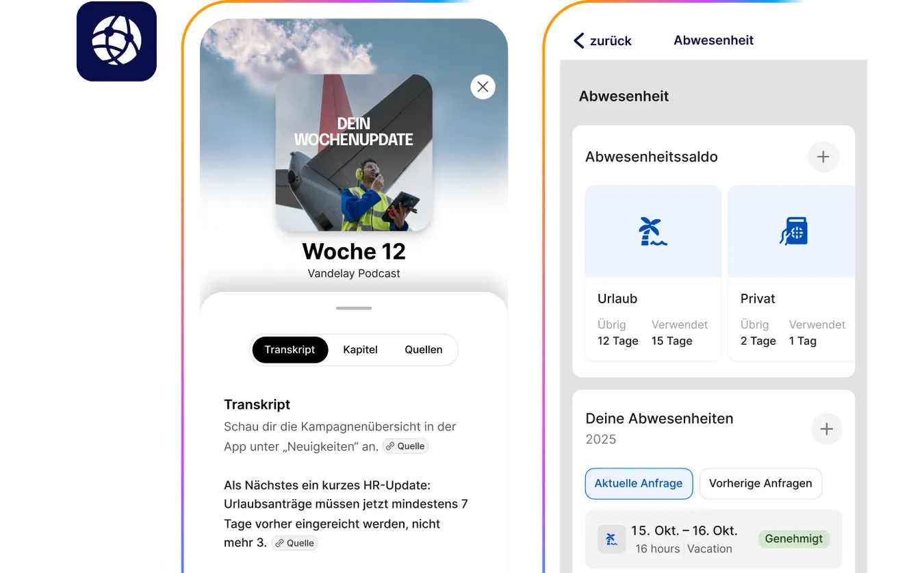 Zwei Smartphones nebeneinander, die HR-Funktionen anzeigen: Links eine Podcast-App mit dem Titel "DEIN WOCHENUPDATE" und einem HR-Update zu Urlaubsanträgen; rechts eine App zur Verwaltung von Abwesenheiten, die Urlaubssalden und eine genehmigte Abwesenheit im Oktober 2025 zeigt.