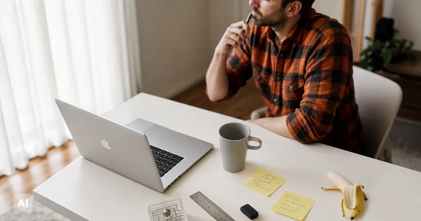 Man at desk, holding a pen to his chin in deep thought as he glances towards the window. Half peeled banana lying on his desk.