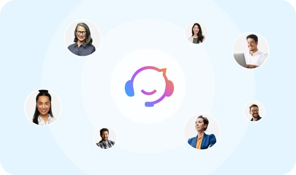 Circular pattern of diverse professionals' portraits around a central icon of a smiling face with a headset, symbolizing communication.