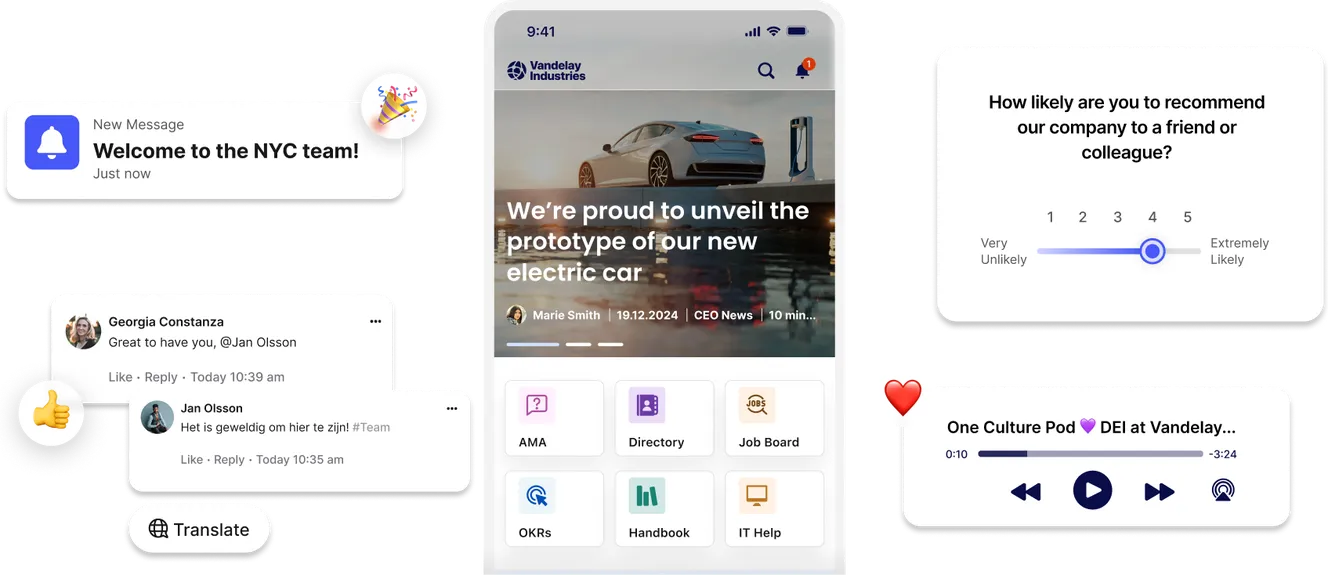 Smartphone interface showing company updates, messages, survey, and podcast features. Includes a message welcoming someone to the NYC team.