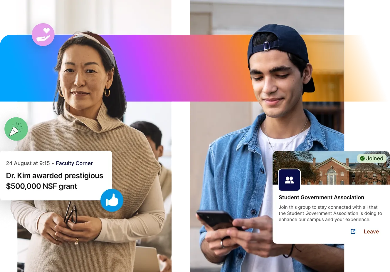 A woman and a young man with notifications about an NSF grant and a student government association on a colorful background.