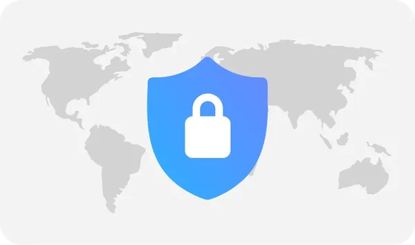 A blue shield with a white padlock icon is overlaid on a gray world map, symbolizing global security.