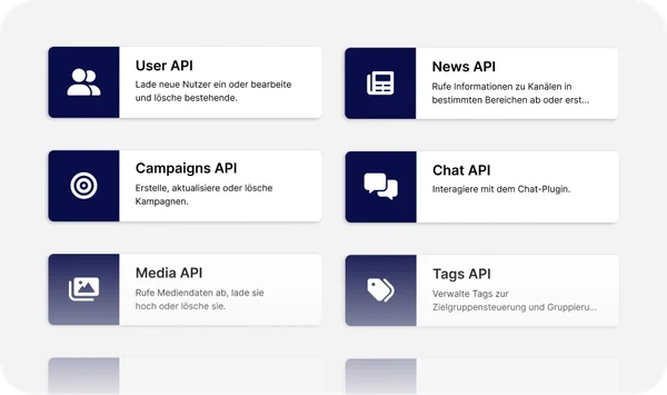 Ein Raster aus sechs beschrifteten API-Karten: Benutzer, Nachrichten, Kampagnen, Chat, Medien und Tags, jeweils mit Symbolen und kurzen Beschreibungen.