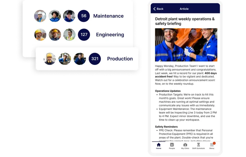 Dashboard showing team stats: Maintenance (56), Engineering (127), Production (321). Article discusses operations and safety briefing.