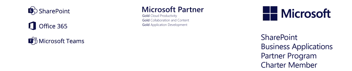 Logos for SharePoint, Office 365, Microsoft Teams, and Microsoft Partner with text indicating SharePoint Business Applications Partner Program.