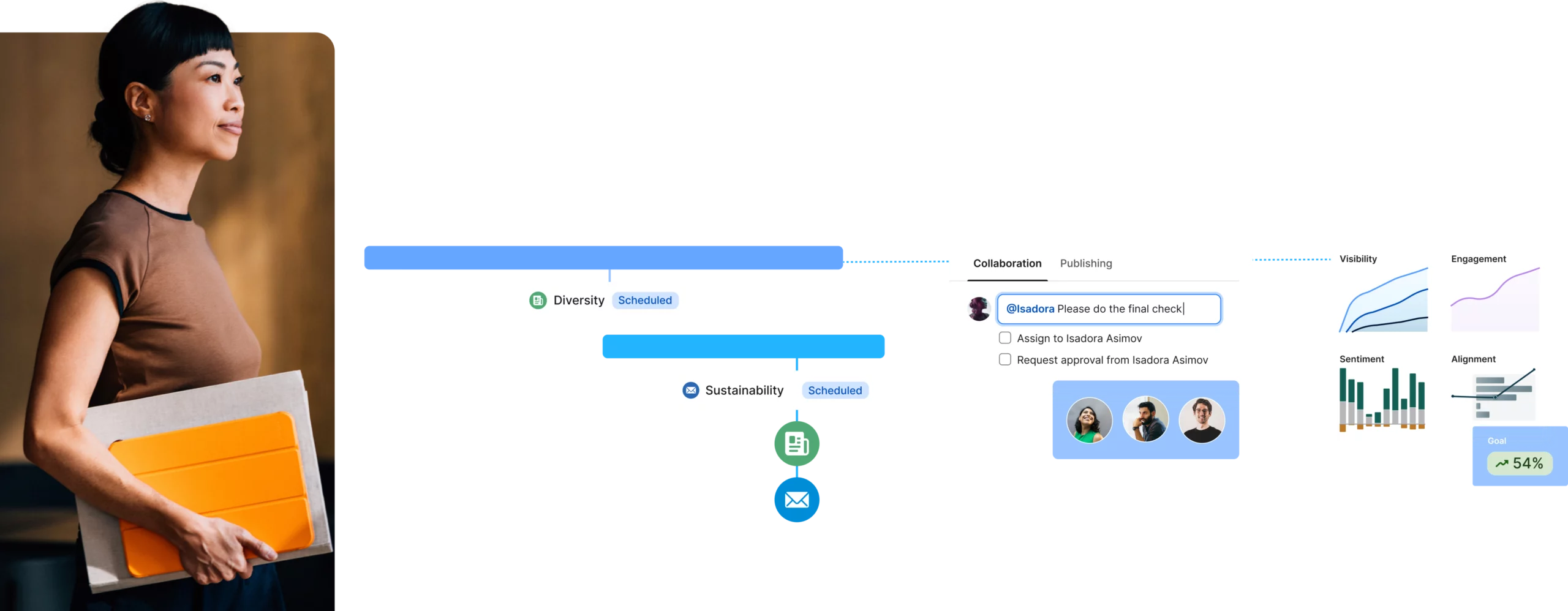 Businesswoman holding a folder, with digital project management graphics, including timelines, collaboration tools, and engagement metrics.
