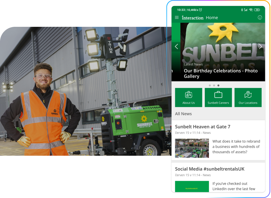 Smiling person in an orange vest stands by a green generator and lighting equipment. A smartphone screen displays the Sunbelt Rentals app.