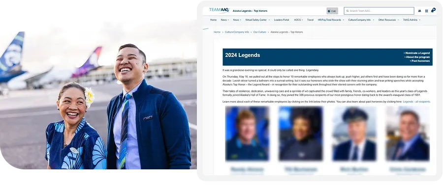 Two smiling airline employees in uniform stand outside near a plane. A webpage titled "2024 Legends" with blurred images is visible on the right.