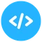 A blue circle with white angle brackets symbol, representing coding or programming.