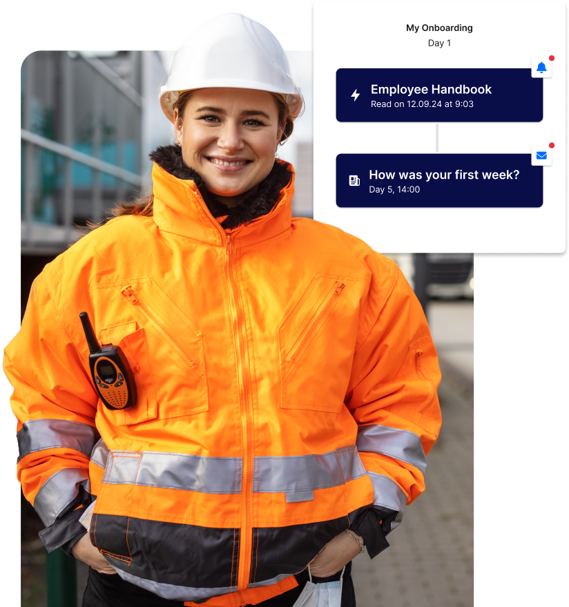 Smiling worker in orange safety gear and hard hat stands outside. Overlay shows onboarding schedule with tasks like reading the employee handbook.