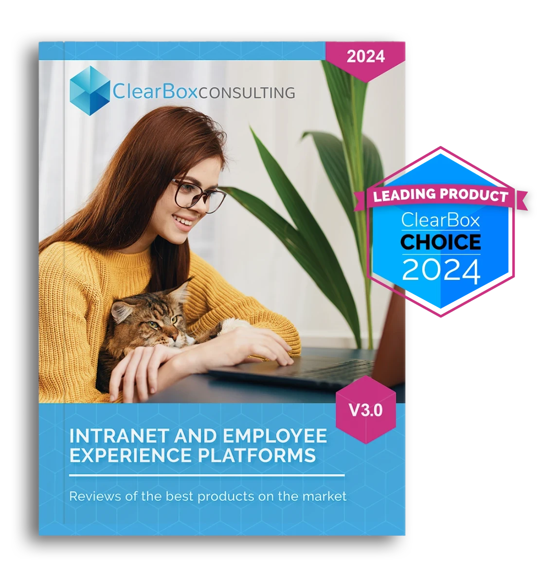 Woman in glasses smiling at a laptop with a cat on her lap. Text reads "Intranet and Employee Experience Platforms" by ClearBox Consulting.