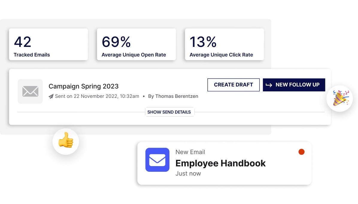 Dashboard showing email campaign stats: 42 tracked, 69% open rate, 13% click rate. Includes email draft options and a new email alert for "Employee Handbook."