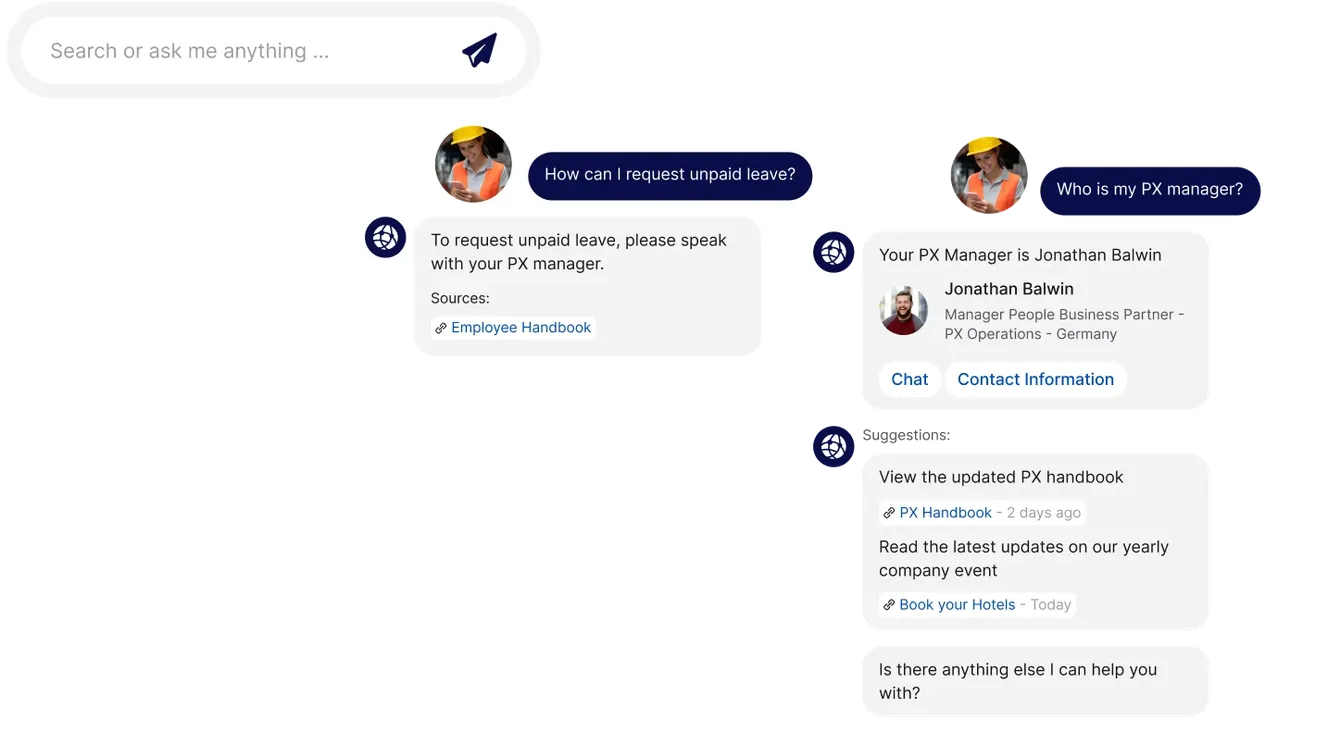 Chat interface showing a conversation about unpaid leave and PX manager details, with links to the employee handbook and PX handbook updates.