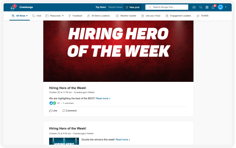 Website page titled "Hiring Hero of the Week" with a red banner and two posts below announcing the feature.