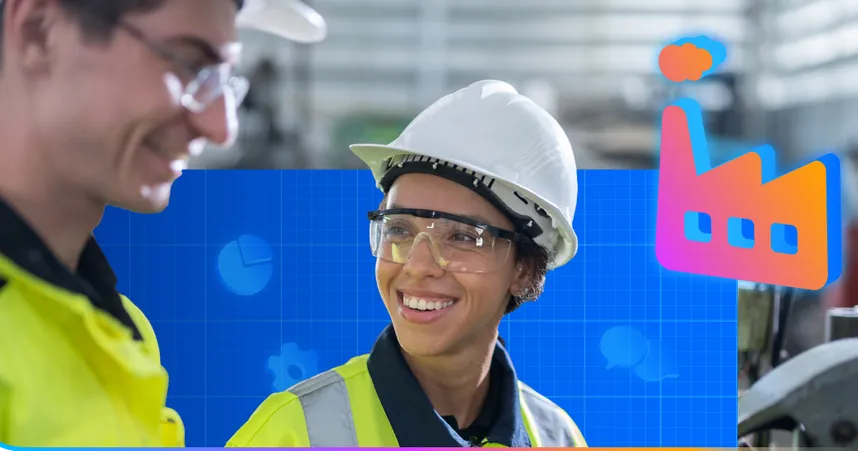 Two employees wearing safety gear and helmets smile at each other in an industrial setting. In the background are blue icons related to communication and production, along with a colorful illustrated factory symbol.