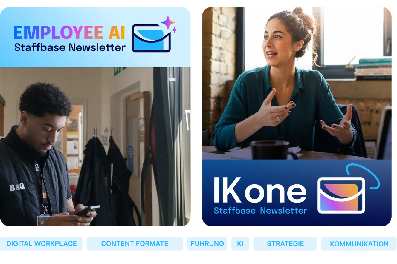Staffbase Newsletter-Vorlagen für Employee AI und IK-Kommunikation mit Themenbereichen wie Digital Workplace, Führung und KI