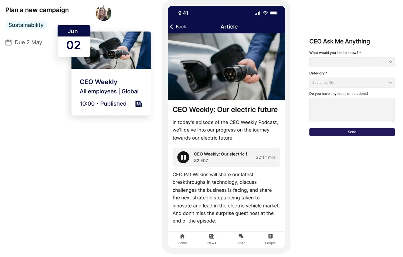 A collage showing a campaign plan, CEO podcast on electric future, and a form for submitting questions to the CEO.
