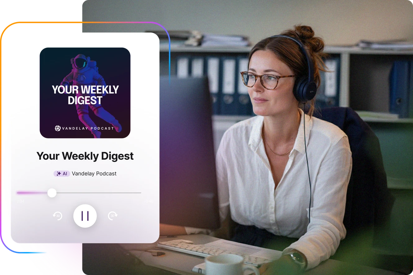Woman with headphones at a desk, listening to "Your Weekly Digest" podcast on a computer, showing podcast interface on screen.