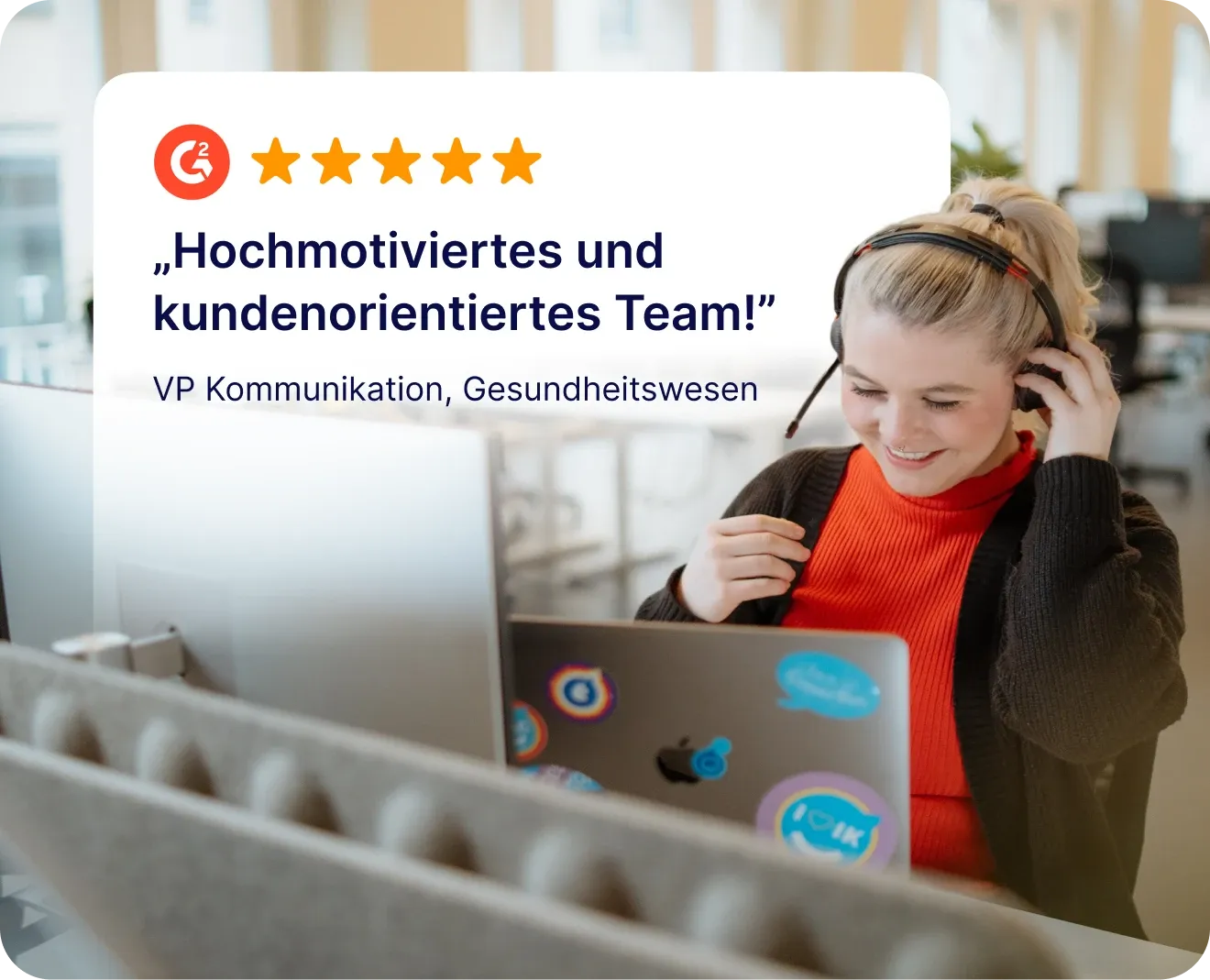 Fünf-Sterne G2-Bewertung einer VP Kommunikation aus dem Gesundheitswesen über das Staffbase Kundenteam
