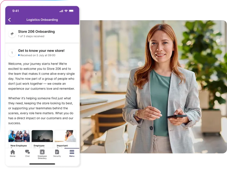 A woman smiles while holding a phone in an office setting, next to a logistics onboarding app interface on a smartphone screen.