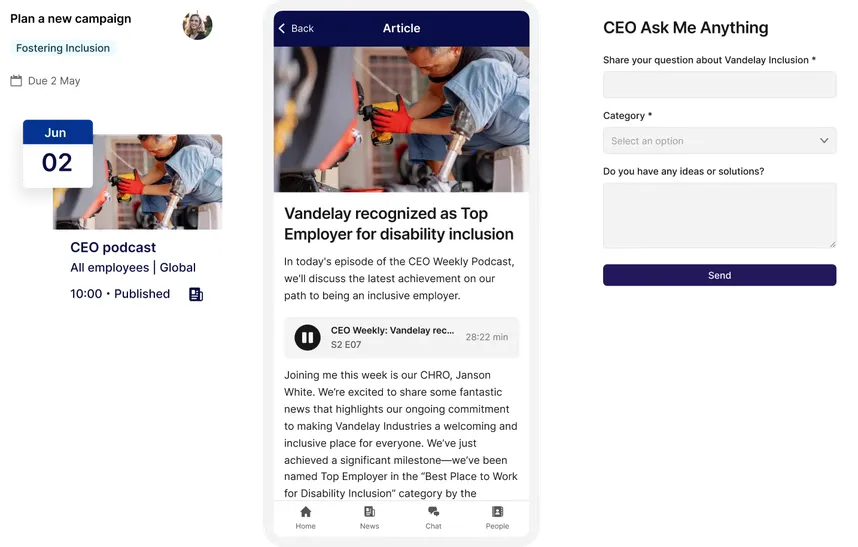 A digital interface showing a podcast episode about disability inclusion, a calendar event, and a form for submitting questions to a CEO.