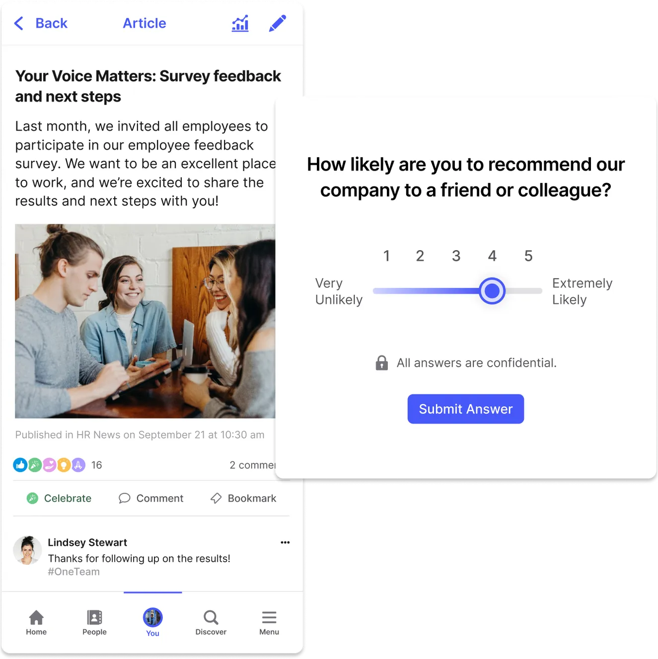 A survey feedback article with an image of colleagues talking and a survey question about recommending the company, rated 1 to 5.