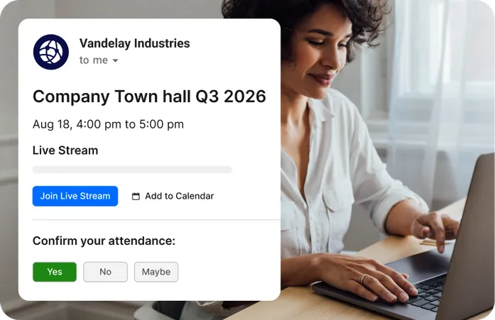 Company Town Hall Q3 2026 email invite with live stream link, calendar add, and RSVP options