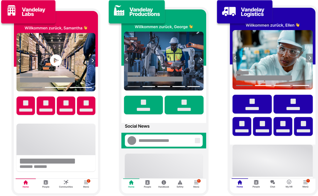 Three mobile app screens for Vandelay Labs, Productions, and Logistics, featuring welcome messages, images, icons, and navigation menus.