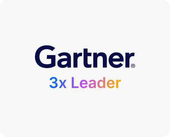 A badge-style graphic on a light grey background displaying the Gartner® logo in dark navy, with the text "3x Leader" below it in a gradient of blue, purple, pink, and orange.