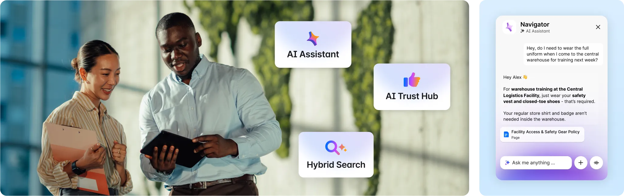 Two people smiling and looking at a tablet. AI features like Assistant, Trust Hub, and Hybrid Search are highlighted. Conversation shown on Navigator AI.