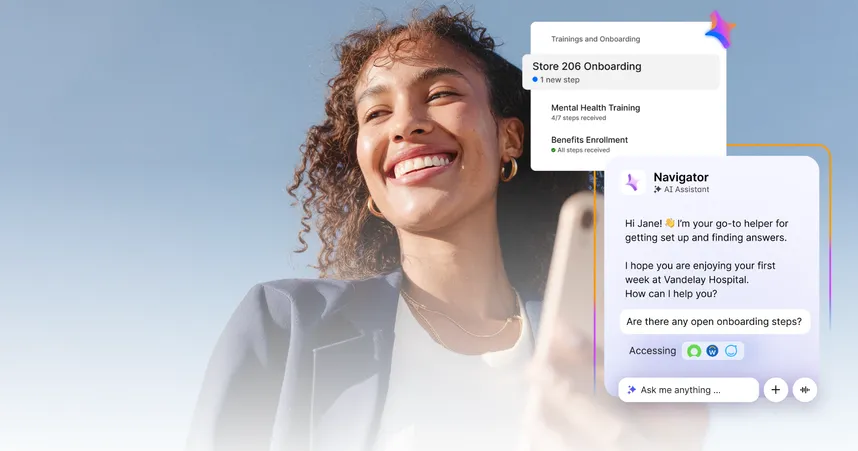 employee onboarding AI-native intranet title image featuring smiling woman and phone features