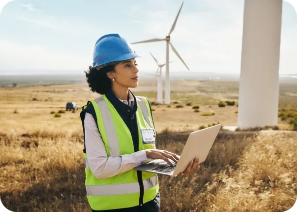 Woman in blue hard hat and high-visibility vest using a laptop at a wind farm with turbines on a dry grassy plain.