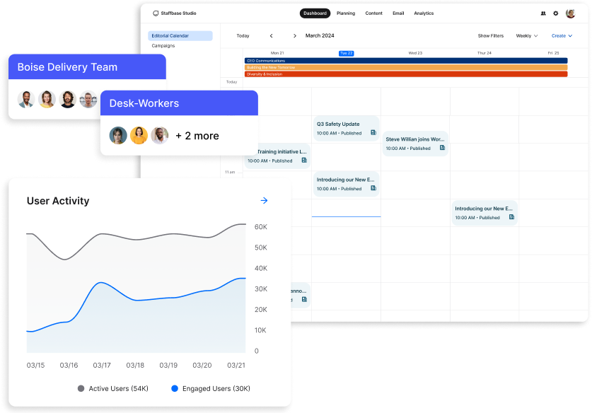 Dashboard with a calendar, user activity graph, and team chat icons, showing project timelines and engagement metrics.