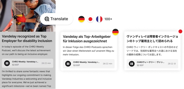 A person using a tablet with translation options in multiple languages, displaying text about Vandelay's recognition as a top employer for inclusion.