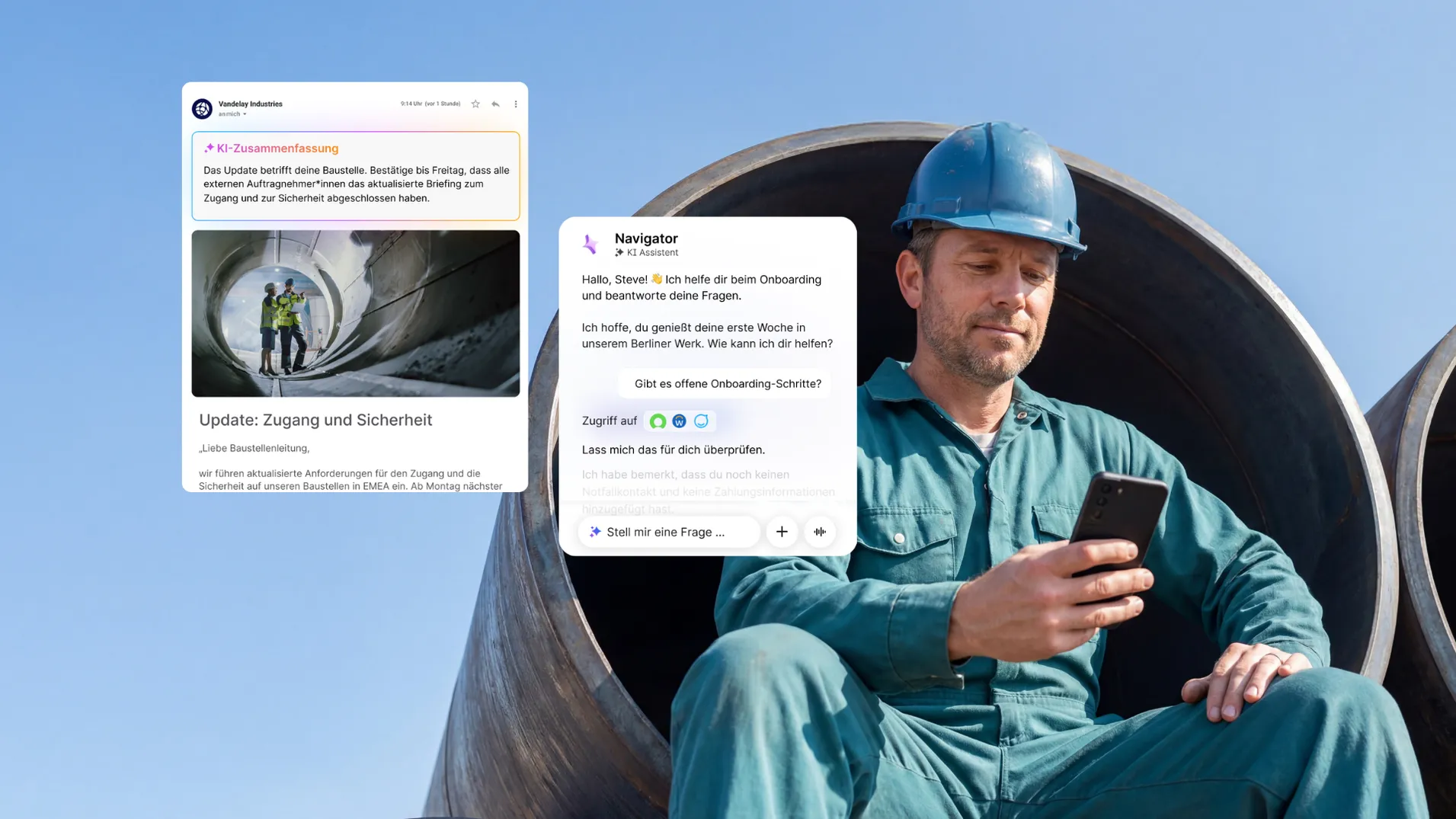 Worker in hardhat on phone with depiction of AI features for an employee app