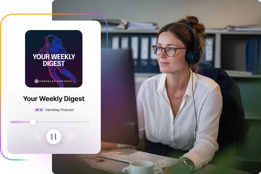 Woman with headphones at a desk, listening to "Your Weekly Digest" podcast on a computer, showing podcast interface on screen.