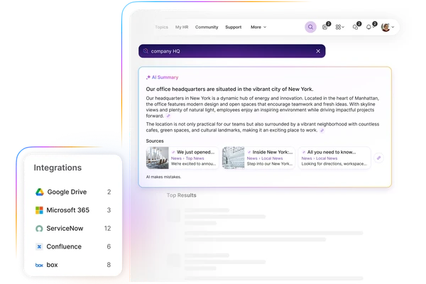 Interface showing a search bar with "company HQ," AI summary about New York office, and integrations with Google Drive, Microsoft 365, and others.