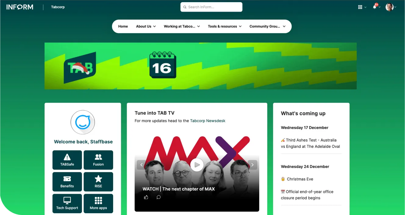 A desktop view of an internal company portal named "InForm" featuring a green banner, quick link tiles like "TABSafe" and "Benefits," and a "What's coming up" events sidebar.