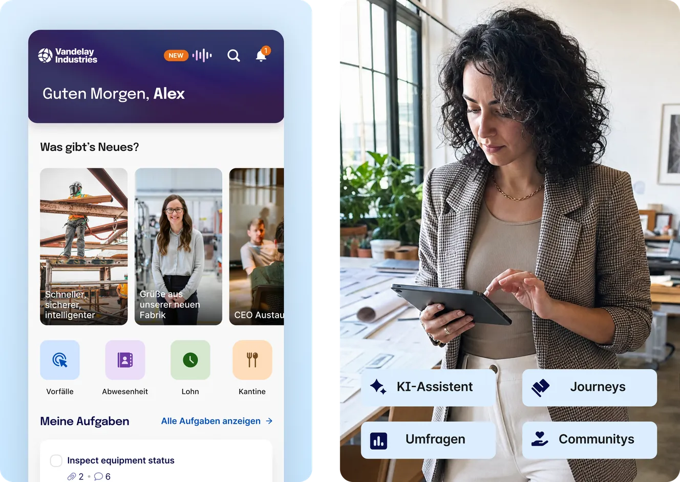 Staffbase Mitarbeitenden-App mit personalisierten News, Schnellzugriff auf Incidents, Abwesenheit, Speiseplan und Lohnabrechnungen sowie Aufgabenliste; daneben eine Frau im Büro, die ein Tablet nutzt, mit KI-Assistent, Journeys, Umfragen und Communities