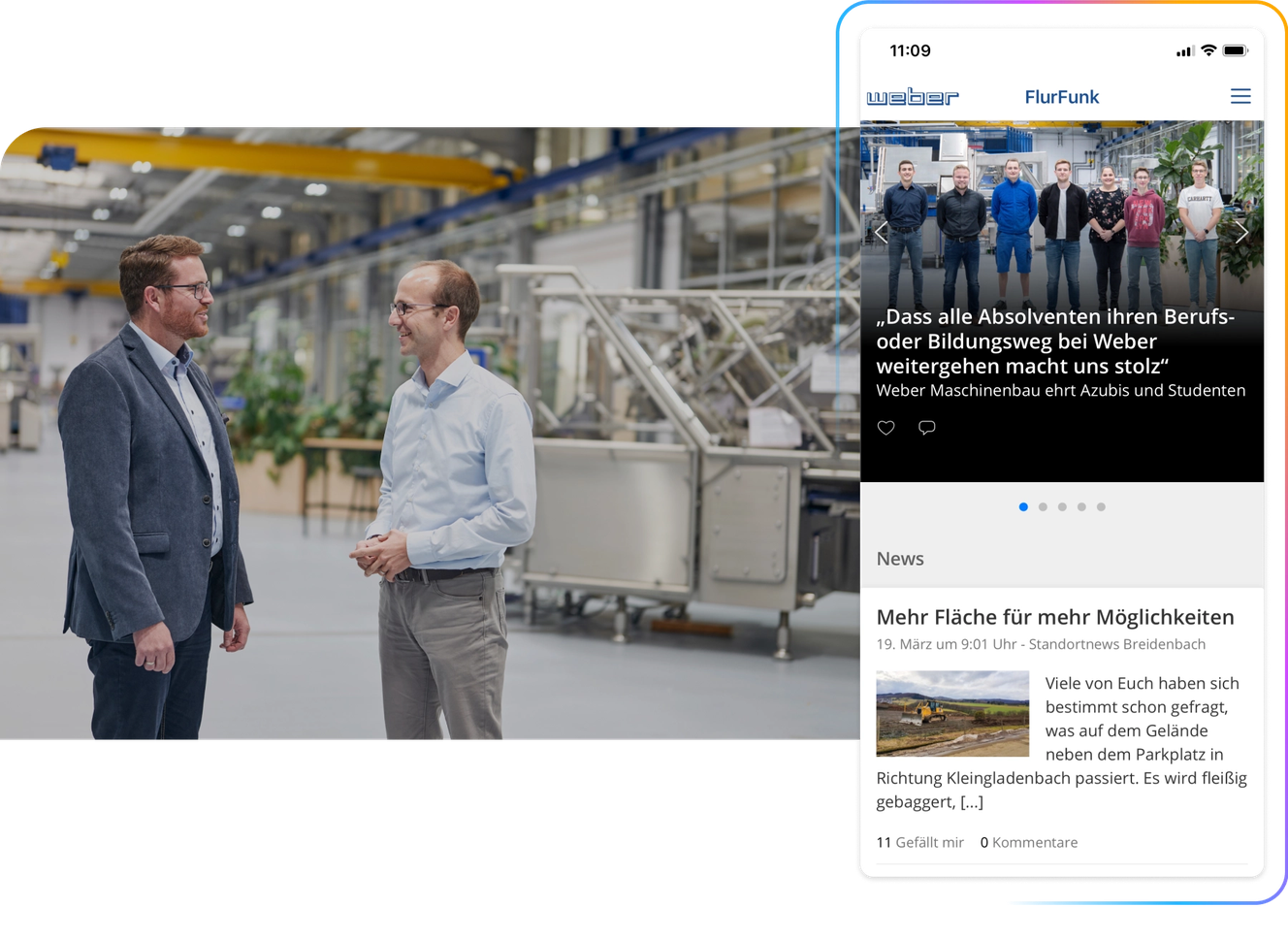 Two men talking in an industrial setting beside a smartphone displaying a news app with articles and images.