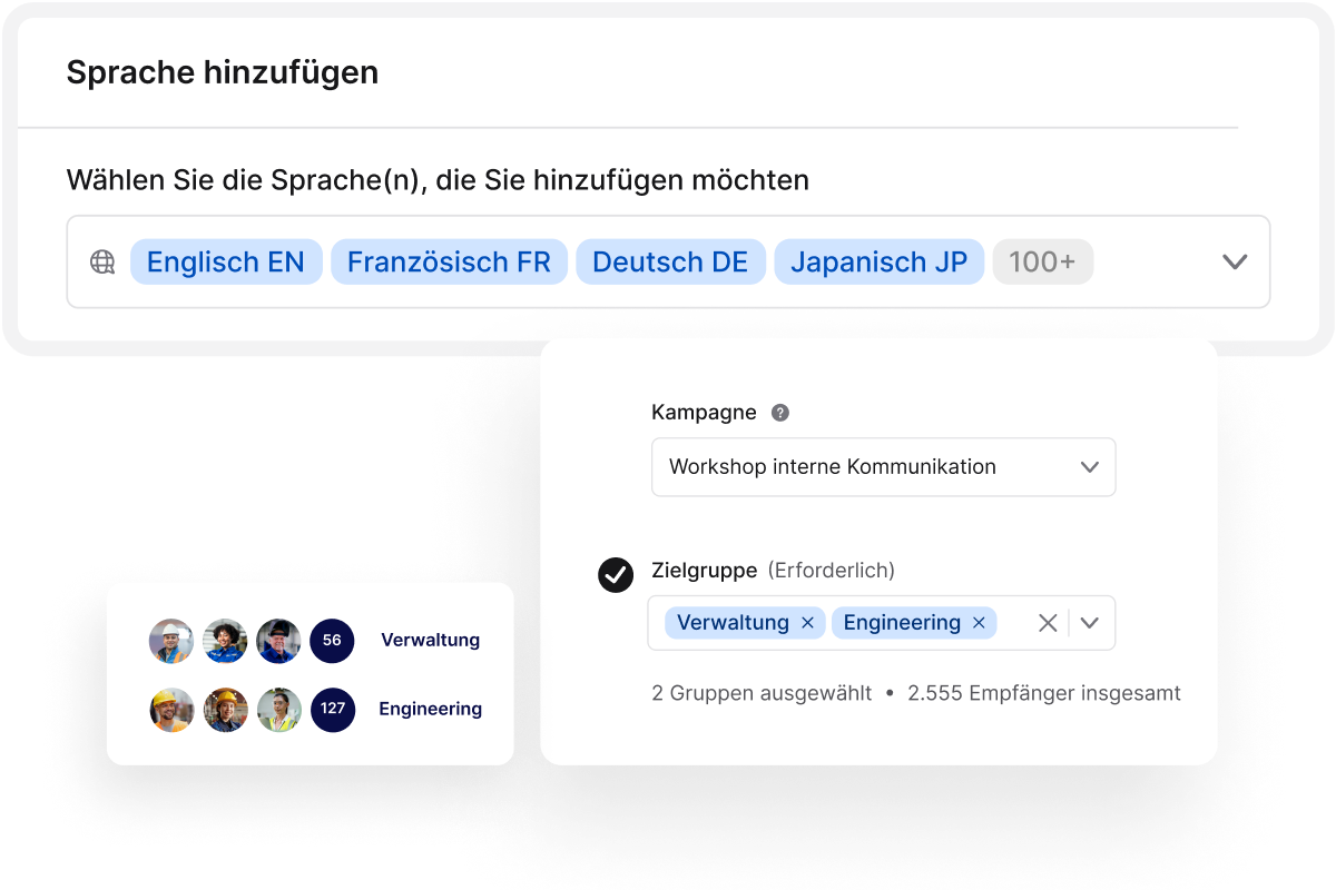 Interface showing language selection options and a campaign setup with target audiences "Maintenance" and "Engineering" selected.