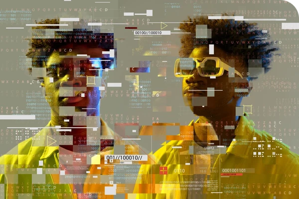 Two individuals with glasses and digital overlays, surrounded by numbers and letters, creating a futuristic, tech-inspired atmosphere.